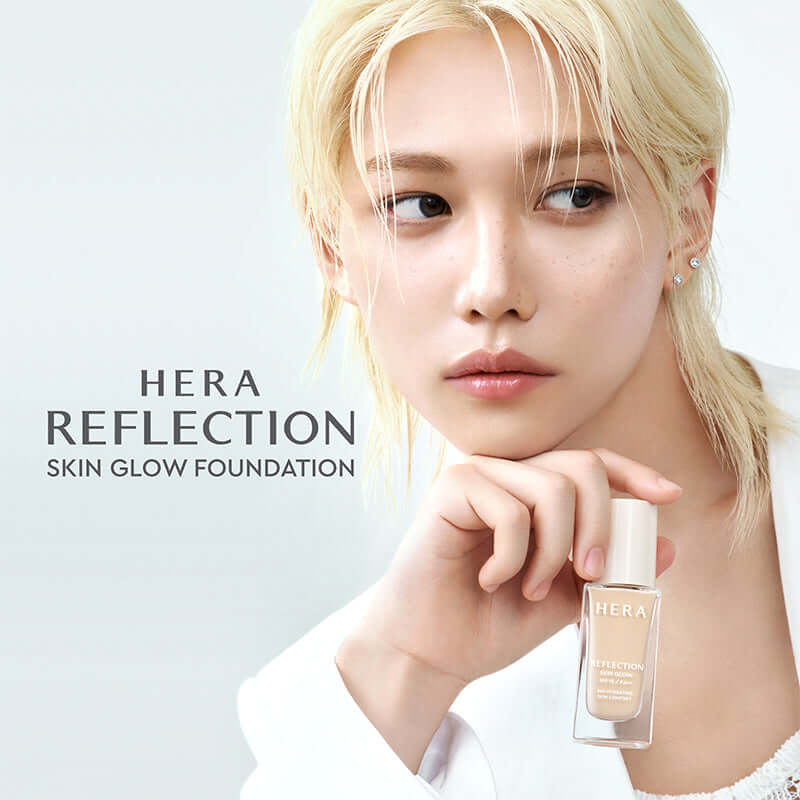 Felix HERA Reflection Skin Glow Foundation 30g showcasing lit-from-within glow on model's skin.