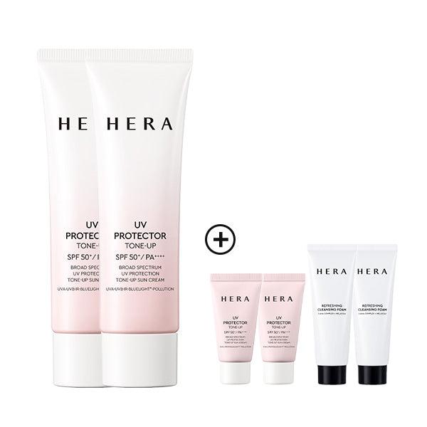 [SAVE $50 SUN-CARE BUNDLE SET] HERA Uv Protector Tone-Up 50ml*2+Tone-Up 15ml*2+Cleansing Foam 50g*2