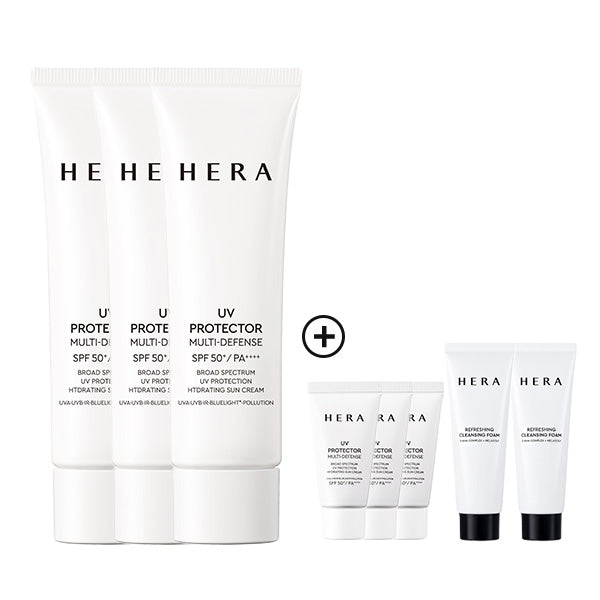 [SAVE $60 SUN-CARE BUNDLE SET] HERA Uv Protector Multi-Defense 50ml*3+ Multi-Defense 15ml*3+Cleansing Foam 50g*2