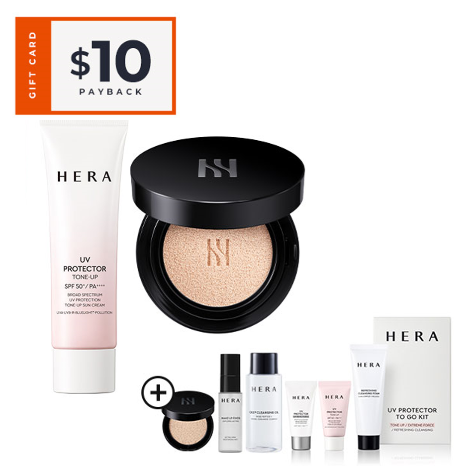 [10USD Gift Card Payback][Save $50 Makeup Routine Bundle] HERA Black Cushion 15gX1+Uv Protector ToneUp 50ml+Black Cushion Mini 21N1+Uv Protector Trial Kit(tone-up 15ml+leports 15ml+cleansingfoam 50g)+MakeupFixer 30ml+CleansingOil 50ml