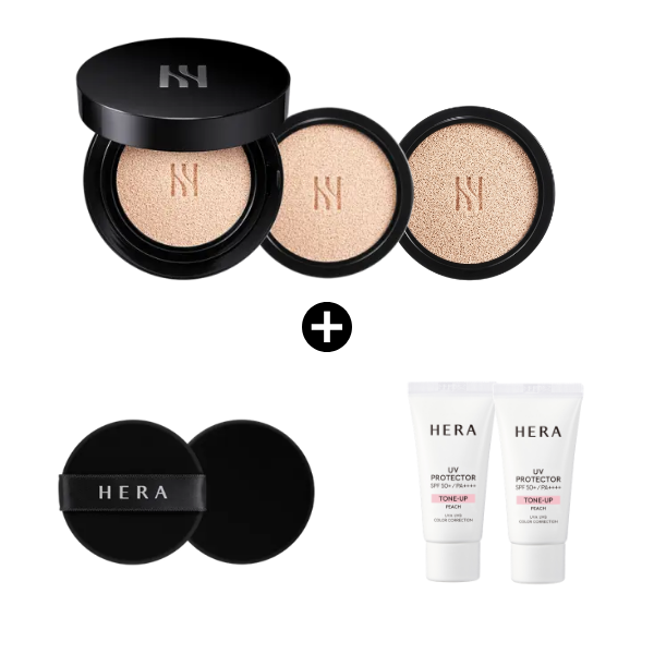 [Deluxe Cushion Set]HERA Black Cushion Foundation 15gX3 (Cushion+Refill*2+puff*2+Uv Protector Tone-Up Peach 15ml*2)
