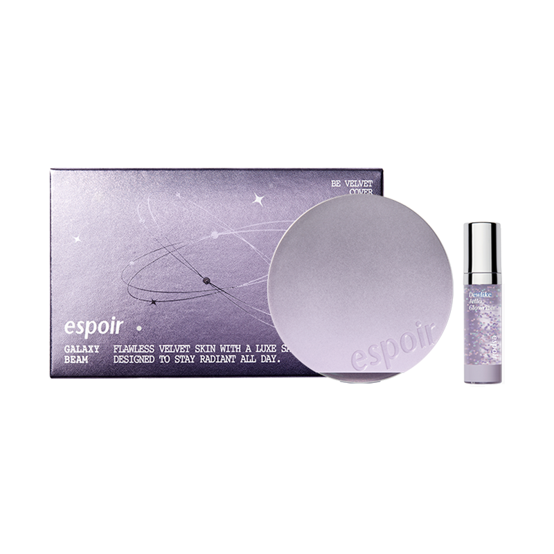 ESPOIR New Galaxy Edition Cushion / Highlither / Lipstick / Lip balm product packaging and contents displayed.