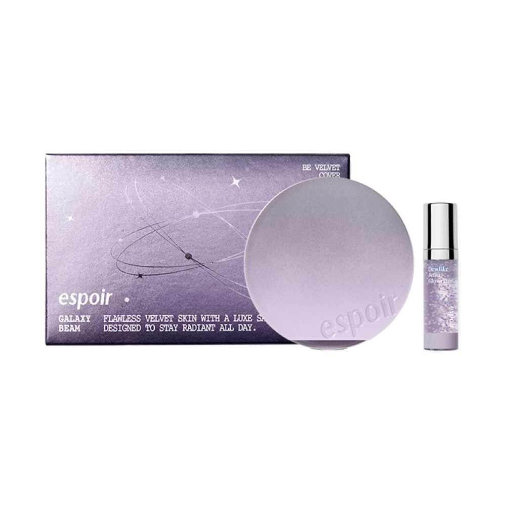 ESPOIR New Galaxy Edition Cushion / Highlither / Lipstick / Lip balm packaging with cushion and applicator.