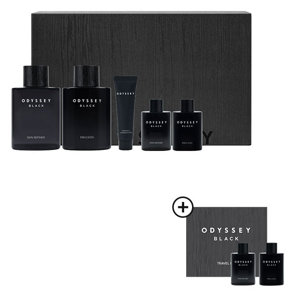 ODYSSEY ブラックギフトセット（商品：リファイナー 130ml+エマルジョン 130ml / 無料サンプル：リファイナー 30ml+エマルジョン 30ml + シェービング&amp;クレンジングフォーム 30ml） 