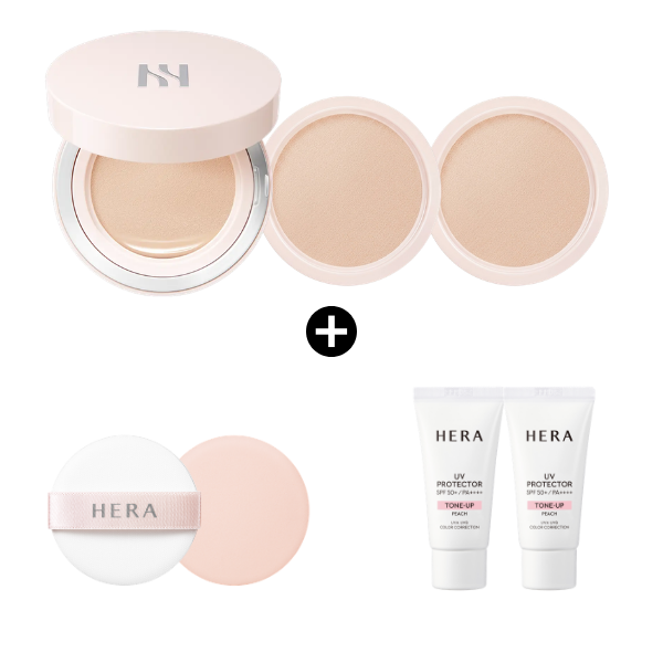 [Deluxe Cushion Set]HERA Reflection Skin Glow Cushion Foundation 15gx3 (Cushion+Refill*2+puff*2+Uv Protector Tone-Up Peach 15ml*2)