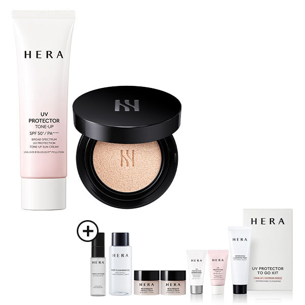 [50ドル節約のメイクアップ ルーティン バンドル] HERA ブラック クッション 15gX1+Uv プロテクター トーンアップ 50ml+HERA リジュビネイト アンプル クリーム 5ml *2+Uv プロテクター トライアル キット (トーンアップ 15ml+レポ 15ml+クレンジングフォーム 50g)+メイクアップ フィクサー 30ml+クレンジングオイル 50ml