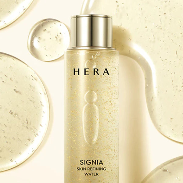 HERA Signia Refinning Water 180ml in a luxurious bottle with a radiant, smooth texture around it.