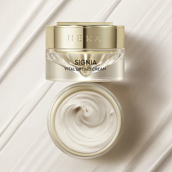 HERA Signia Vital Lifting Cream 60ml in a jar, featuring velvety textured firming cream for deep skin nourishment.