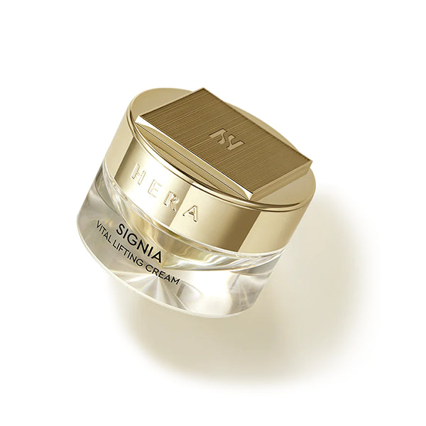 HERA Signia Vital Lifting Cream 60ml in an elegant jar with a gold lid, offering a velvety firming texture.