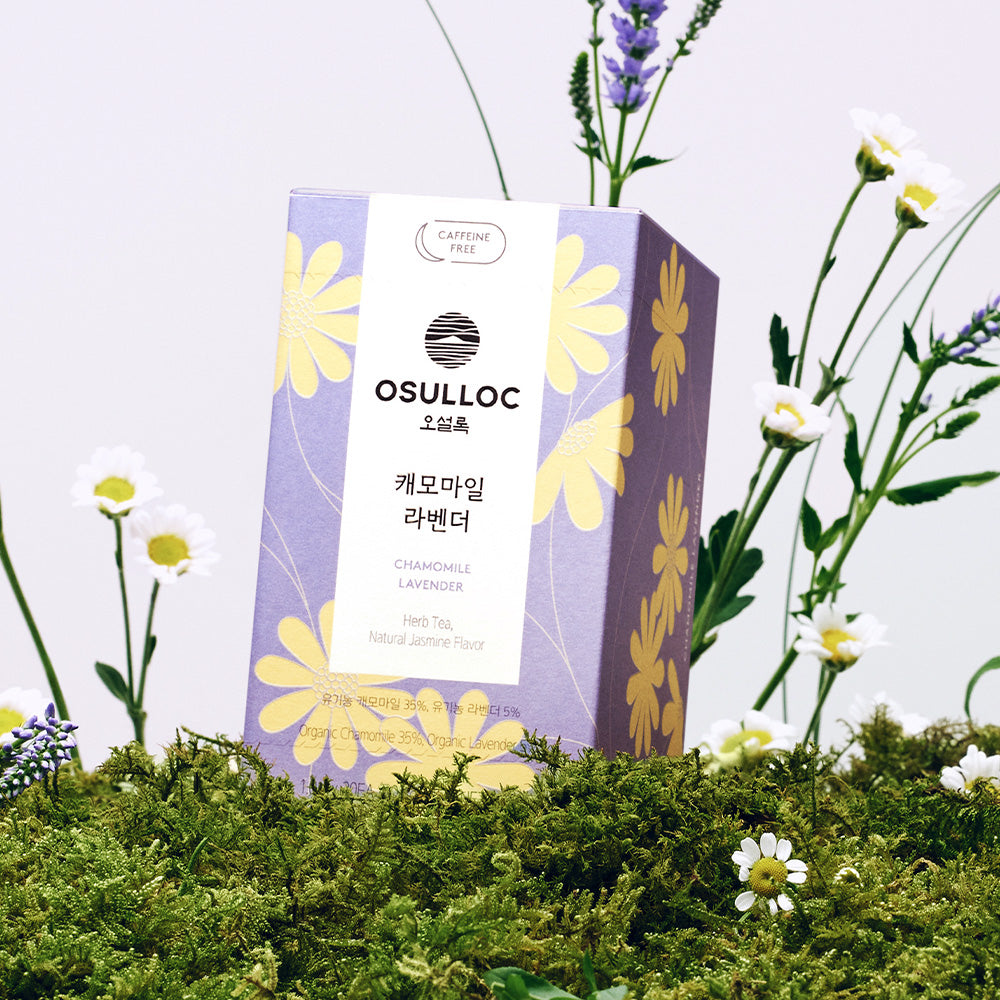 Exclusive Osulloc Caffeine Free Herbal Tea Bundle package with chamomile and lavender flowers.