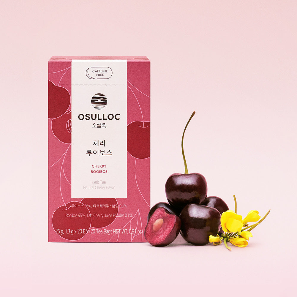 OSULLOC Cherry Rooibos Tea (20 count) packaging with cherries and flowers, caffeine-free herbal blend.