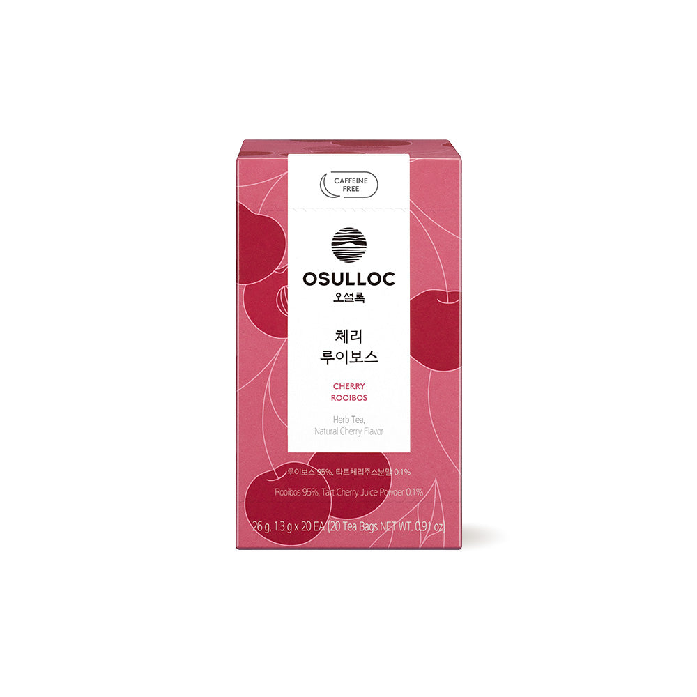Exclusive Osulloc Caffeine Free Herbal Tea Bundle Cherry Rooibos tea packaging, caffeine-free herbal blend.
