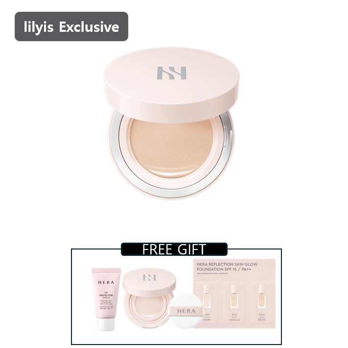 [Felix] HERA Reflection Skin Glow Cushion Foundation 15g with free gift promo displayed.