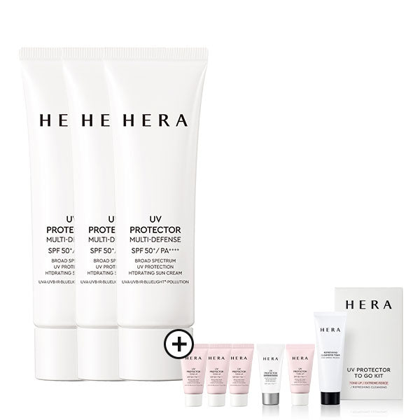 [サンケア バンドルセットで60ドルお得] HERA UVプロテクター マルチディフェンス 50ml*3+UVプロテクター トーンアップ 45ml(15ml*3)+UVプロテクター トライアルキット(トーンアップ 15ml+レポ 15ml+クレンジングフォーム 50g)