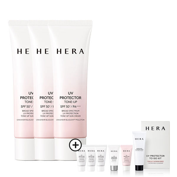 [SAVE $60 SUN-CARE BUNDLE SET] HERA Uv Protector Tone-Up 50ml*3+Uv Protector Multi-Defense 45ml(15ml*3)+Uv Protector trial kit(tone-up 15ml+leports 15ml+cleansing foam 50g)