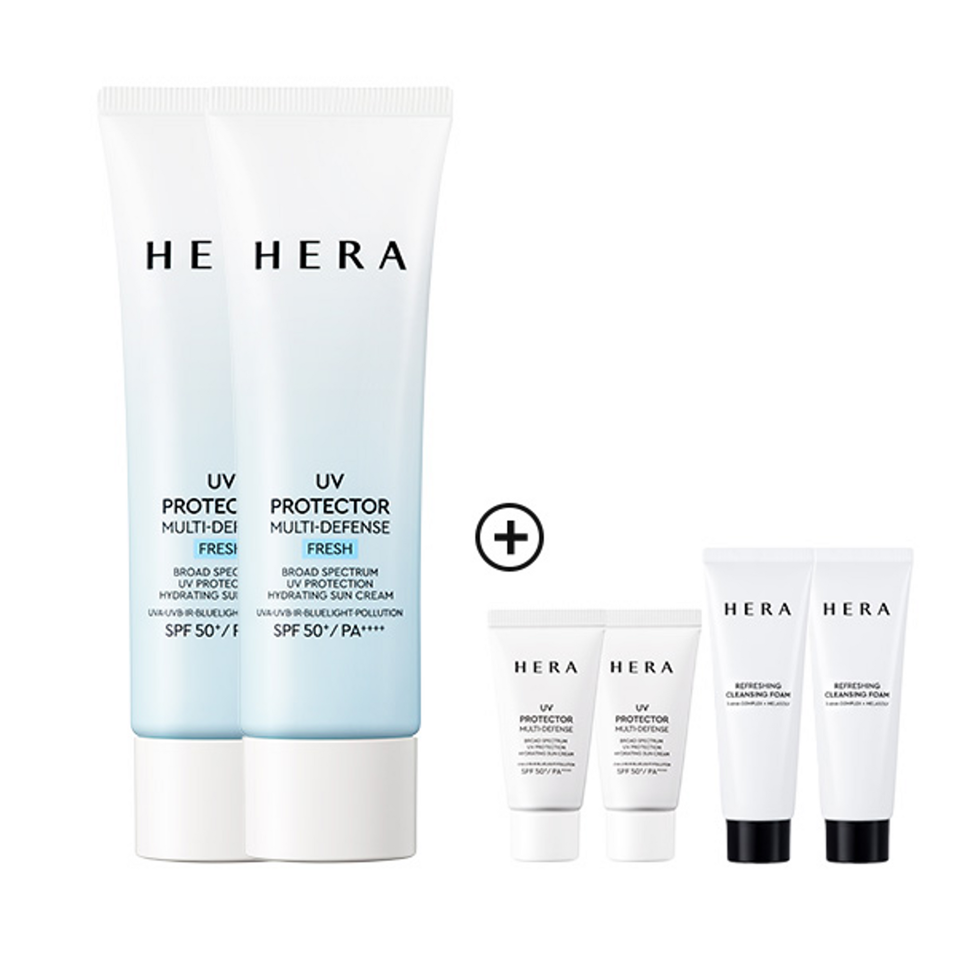 [50ドルお得サンケアバンドルセット] HERA UVプロテクター マルチディフェンスフレッシュ 50ml×2+マルチディフェンスフレッシュ 15ml×2+クレンジングフォーム 50g×2 