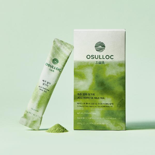 Osulloc Matcah Mania Bundle featuring Jeju Matcha Milk Tea and matcha powder packaging on a green background.