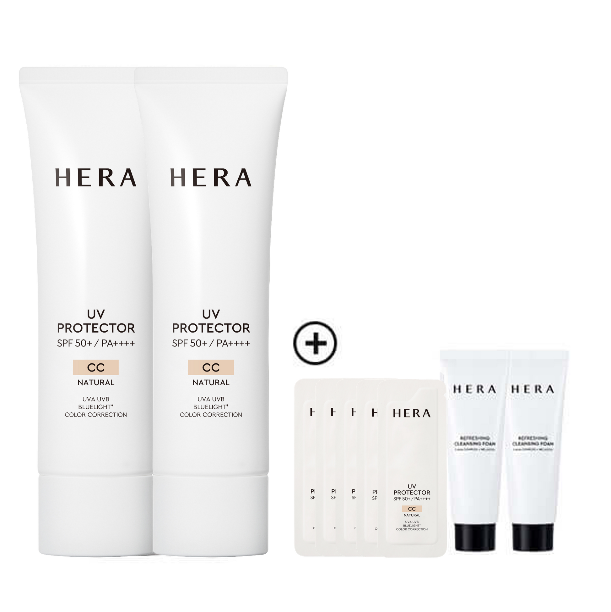 [SAVE $40 SUN-CARE BUNDLE SET] HERA Uv Protector CC 50ml*2+HERA Uv Protector CC 1ml*5+Cleansing Foam 50g*2